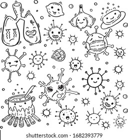 Corona Virus Doodles Kawaii Vector.