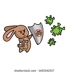 Corona virus easter basket bunny with shield poster. Quarantine bunny and eggs clipart. Stay positive covid 19 for kids. Childrens support message. Protective virtual hunt cartoon concept 