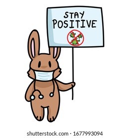 Corona virus easter cartoon doctor explainer infographic. Viral face mask on cute bunny. Educational graphic with picture of virus. Friendly icon for children. Vector safety caution awareness