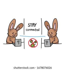 Corona virus easter cartoon stay connected cute bunny laptop infographic. Educational graphic self isolate family. Friendly social icon for children, picture of virus. Vector safety caution awareness 