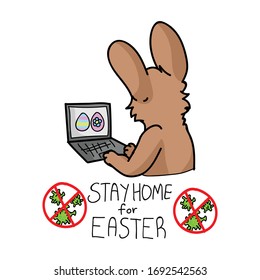 Corona virus easter stay home bunny on laptop. Quarantine rabbit and eggs clipart. Stay positive covid 19 infographic for kids. Childrens support message.Protective virtual hunt cartoon concept 