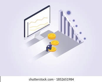 Corona virus economy crisis isometric vector concept: stressed businessman with a down trend bar chart