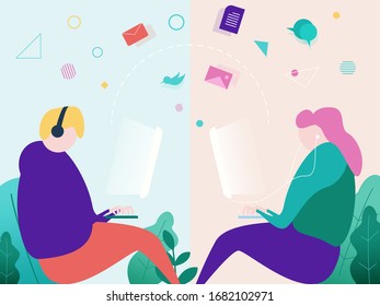 corona virus effect. work at home. a man and woman send documents, photos and other files to each other as long as the corona virus has not disappeared. vector illustration