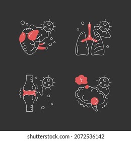 Corona Virus Effects Chalk Icon Set. Covid Long Term System Health Damage. Heart, Lung, Brain Damage. Neurological Disorder. Isolated Vector Illustrations On Chalkboard