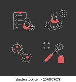 Corona Virus Effects Chalk Icon Set. Sick Person, Vaccine, Recovered Patient, Covid Mutation. Covid Long Term System Health Damage. Isolated Vector Illustration On Chalkboard