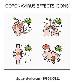 Corona Virus Effects Color Icon Set. Covid Long Term System Health Damage. Heart, Lung, Brain Damage. Neurological Disorder.Isolated Vector Illustrations