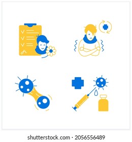 Corona virus effects flat icon set. Sick person, vaccine, recovered patient, covid mutation. Covid long term system health damage.Vector illustrations