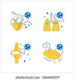 Corona Virus Effects Flat Icon Set. Covid Long Term System Health Damage. Heart, Lung, Brain Damage. Neurological Disorder.Vector Illustrations