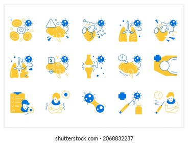 Corona Virus Effects Flat Icon Set. Covid Long Term System Health Damage. Heart, Lung, Brain Damage, Casualty, Recovery, Reinfection And Vaccination.Vector Illustrations