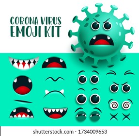 Corona virus emoji kit vector set. Covid19 green ncov virus emoticon and icon eyes and mouth editable kit  with angry facial expression for germs creation, . Vector illustration. 