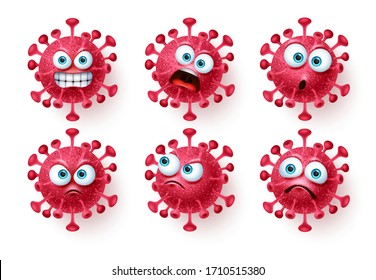 Corona virus emojis icon vector set. Covid corona virus icon and emoticons with scary and angry facial expressions isolated in white. Vector illustration.
