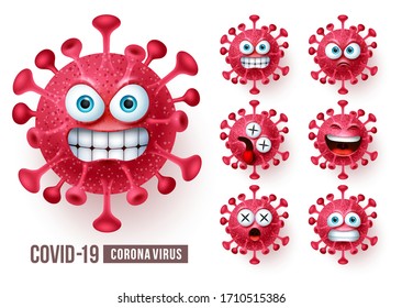 Corona virus emoticons vector set. Covid19 corona virus emoticons or emojis with angry and scary facial expressions in white background. Vector illustration.
