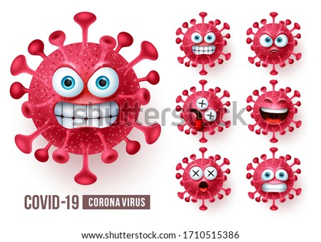 Corona virus emoticons vector set. Covid19 corona virus emoticons or emojis with angry and scary facial expressions in white background. Vector illustration.
