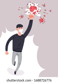 Corona virus eradication concept illustration. The man is punching towards the virus.