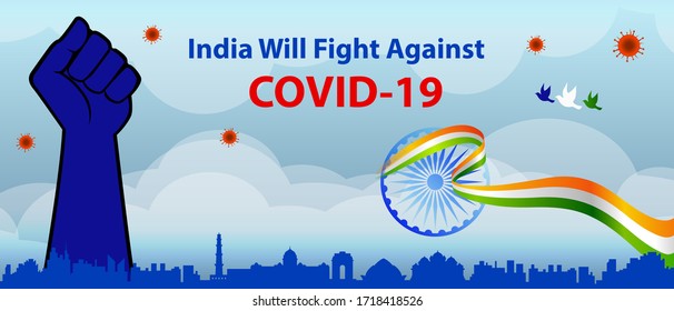 Corona Virus fight back poster. India will fight against Covid-19 for website and social media post. Vector Illustration for banner, brochure, flyer, poster, web, print media.