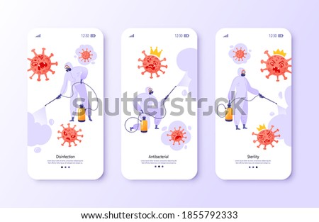 Corona virus fight concept for mobile app page screens recruitment. Cartoon flat people in protective overalls, goggles, respirators, rubber boots and gloves spray antibacterial liquid on evil viruses