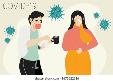 Corona Virus Flu Symtoms Covid 19 Cold Medical People Illustration Cough Fever Bacteria Virus Disease