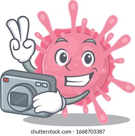 Corona virus germ mascot design as a professional photographer with a camera