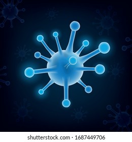 Corona virus glow on dark blue background. Wuhan virus disease. Pandemic coronavirus outbreaks. Research and development on a preventive vaccine. Illustrations concept coronavirus COVID-19.