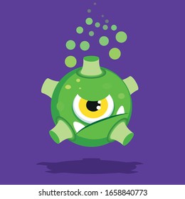 Corona virus green cyclops cartoon in flat design style on purple background