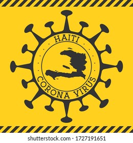 Corona virus in Haiti sign. Round badge with shape of virus and Haiti map. Yellow country epidemy lock down stamp. Vector illustration.