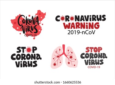 Corona Virus hand drawn vector illustration set. China Wuhan pneumonia. Coronavirus covid-19 brush lettering. Epidemic disease banner. Human lungs infected virus, map.