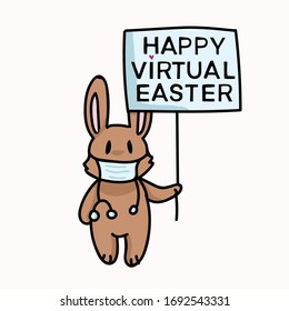 Corona virus happy easter bunny social media banner poster. Quarantine virtual stay homeclipart. Stay positive covid 19 infographic. Pandemic support message. Protect doctor nurse cartoon concept 