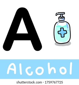 Corona virus and health concept, Alphabet for language learning, The letterA and the bottle of alcohol,
Simple learning with letters and images, vector, illustration, flash card for kid.