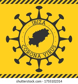 Corona virus in Ibiza sign. Round badge with shape of virus and Ibiza map. Yellow island epidemy lockdown stamp. Vector illustration.
