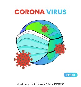 Corona Virus icon with face mask and globe. Virus infection or bacteria concept isolated on white background. vector illustration. EPS10.