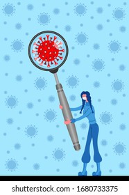 Corona virus icon on magnifier with a masked woman. All the objects, shadows and background are in different layers. 