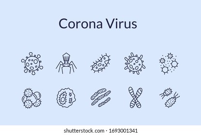 corona virus icon set collection with various shape of virus and bacteria with modern line style vector