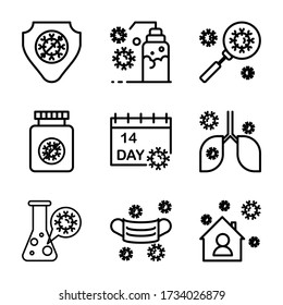 Corona virus icon set include virus, shield,sanitizer,laboratory,calendar,infection,mask,stay home