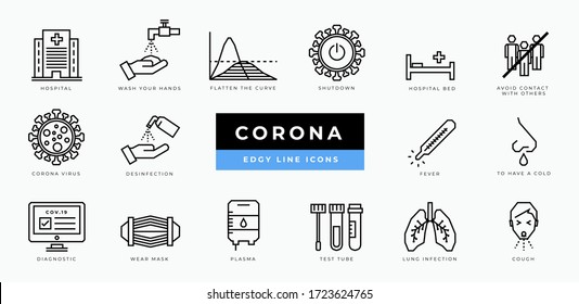 Corona virus icon set - minimal thin outline, web icon and symbol collection - infection, mask, shutdown, curve, desinfection, test. Simple edgy vector illustration.
