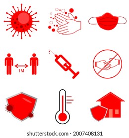 corona virus icon set, various icons, such as corona icon, hand washing icon, social distancing icon.