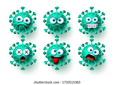 Corona Virus Icon Vector Set. Ncov Covid19 Corona Virus Emoticon And Emoji With Scary And Angry Facial Expressions For Global Pandemic. Vector Illustration.
