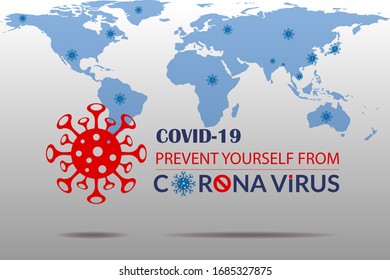 Corona Virus Illustration. Covid-19 illustrative logo with world map. Corona Virus in Italy, India, China, United States USA, England, France, Spain, Arabia, Iran, Japan, Bangladesh, Canada, Brazil.