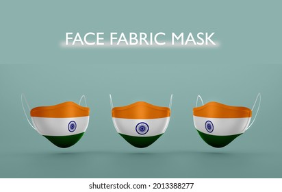 Corona Virus in India. Vector graphics of surgical mask with indian flag. Novel coronavirus (2019-nCoV or CoVid-19). Cloth face mask as coronavirus quarantine concept. Coronavirus epidemic.
