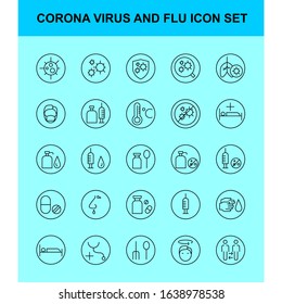 Corona virus and influenza icon set. Outline style. Virus, corona, lung, wash, hand, bottle, tablet, vaccine, bed, rest, anti-virus, spread, Flu, fever,cold. editable icon.