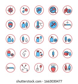 Corona virus and influenza icon set. Outline and colored style. Virus, corona, lung, wash, hand, bottle, tablet, vaccine, bed, rest, anti-virus, spread, Flu, fever,cold. editable icon.