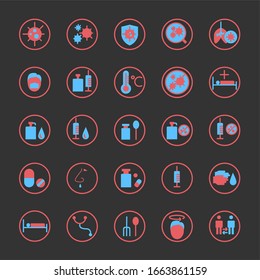 Corona virus and influenza icon set. glyph style with circle frame. Virus, corona, lung, wash, hand, bottle, tablet, vaccine, bed, rest, anti-virus, spread, Flu, fever,cold. editable icon.