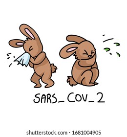 Corona virus kids cartoon coughing and sneezing infographic. Viral flu sars cov 2 cute bunnt. Educational graphic for self isolate family. Firnedly icon for children. Vector flu safety awareness. 