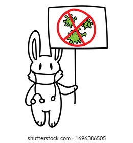 Corona virus kids cartoon doctor explainer infographic. Viral flu face mask on cute bunny. Educational graphic with picture of virus. Friendly icon for children. Vector flu safety monochrome lineart. 