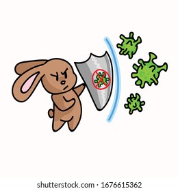 Corona virus kids cartoon fight off shield infographic. Viral flu info cute bunny. Educational graphic with picture of virus. Friendly icon for young children. Vector flu safety caution awareness. 