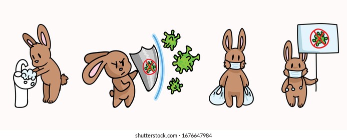 Corona virus kids cartoon fight set infographic. Viral flu info cute bunny. Educational graphic with picture of virus. Friendly icon for young children. Vector flu safety caution awareness. 