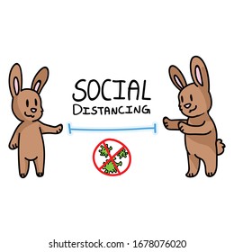 Corona virus kids cartoon social distancing infographic. Viral flu help cute bunny. Educational graphic for self isolate family. Friendly icon for young children. Vector safety caution awareness.