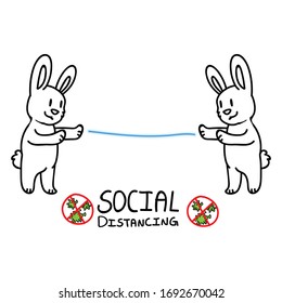 Corona virus kids cartoon social distancing monochrome lineart. Viral flu help cute bunny. Educational graphic for self isolate. Friendly icon for young children. Vector safety caution awareness.