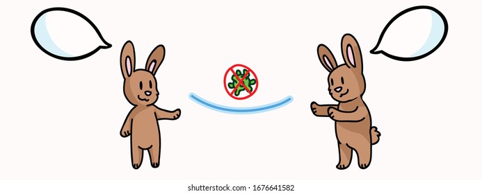 Corona virus kids cartoon stay apart distance infographic. Viral flu help cute bunny. Educational graphic for self isolate family. Friendly icon for young children. Vector safety caution awareness.