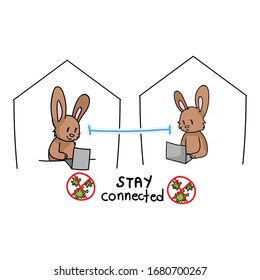 Corona virus kids cartoon stay connected cute bunny laptop infographic. Educational graphic self isolate family. Friendly social icon for easter , picture of virus. Vector safety caution awareness. 