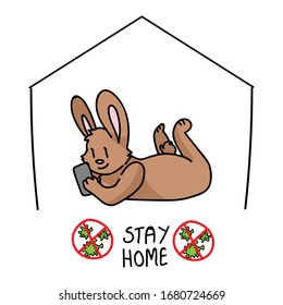 Corona virus kids cartoon stay home cute easter bunny phone infographic. Educational graphic self isolate family. Friendly social icon for children, picture of virus. Vector safety caution awareness. 